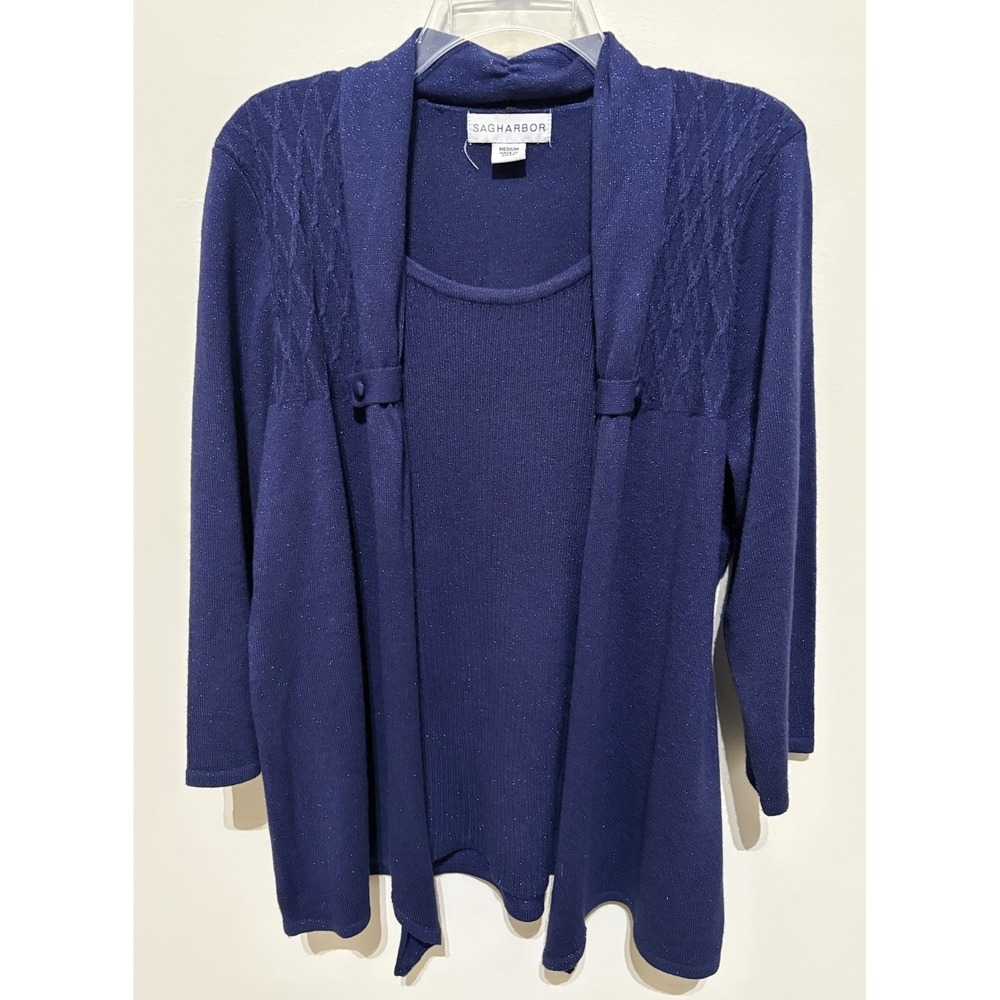 Sag Harbor Womens Medium Purple Sparkly Faux Cardigan Sweater 3/4 Sleeve EUC